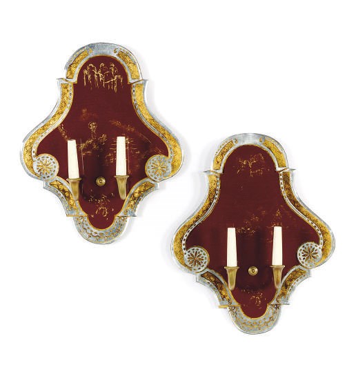 A PAIR OF REVERSE-PAINTED GLASS TWO-BRANCH WALL-LIGHTS,