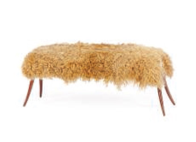 A STAINED MAHOGANY AND SHEEPSKIN BENCH,