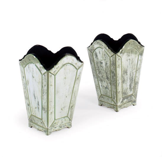 A PAIR OF MIRRORED WASTE BASKETS,