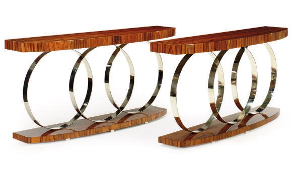 A PAIR OF PALISANDER AND CHROMED-METAL CONSOLES,