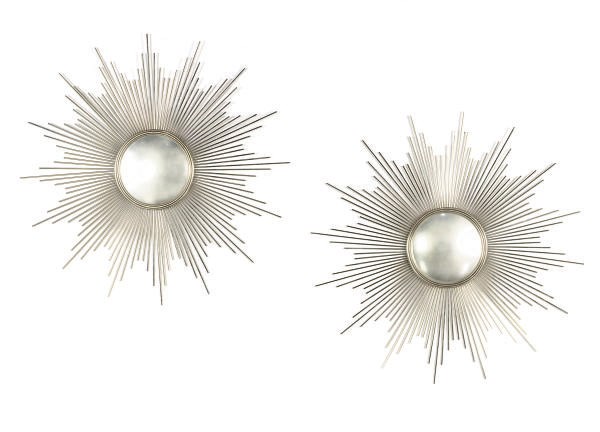 A PAIR OF CHROMED-METAL STARBURST-FORM MIRRORS,
