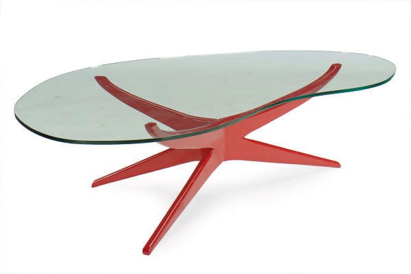 A RED LACQUERED AND BIOMORPHIC GLASS COFFEE TABLE,