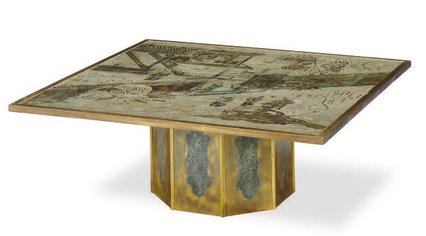 AN ENAMELED AND PATINATED BRONZE LOW TABLE,