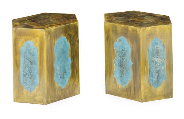 TWO ENAMELED AND PATINATED BRONZE LOW SIDE TABLES,