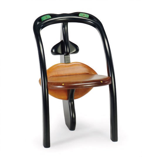 A PAINTED AND BRASS INLAID MAPLE 'TONGUE' CHAIR,