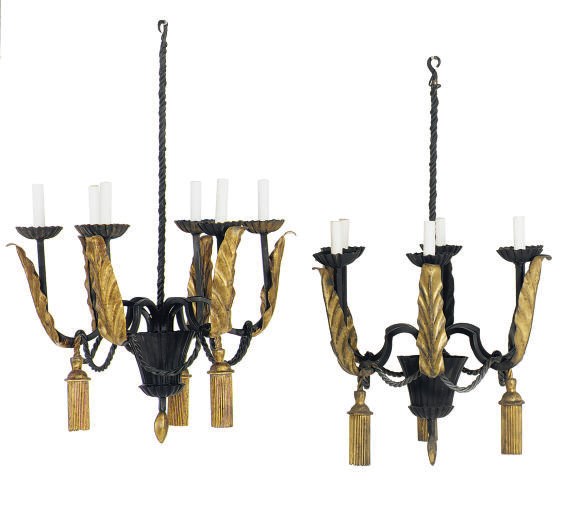 A PAIR OF WROUGHT-IRON AND PARCEL-GILT SIX-LIGHT CHANDELIERS,