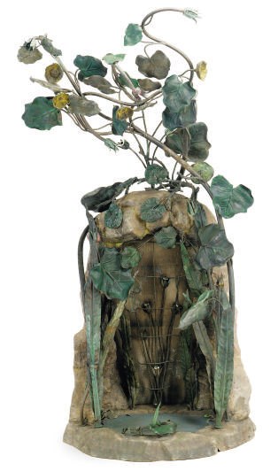 A GREEN PATINTED-BRONZE LEAF-AND-VINE GARDEN FOUNTAIN,