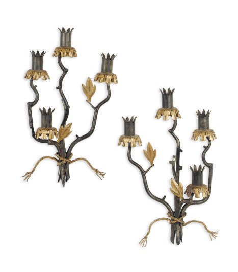 A PAIR OF WROUGHT-IRON AND PARCEL-GILT FOUR-BRANCH WALL-LIGHTS,