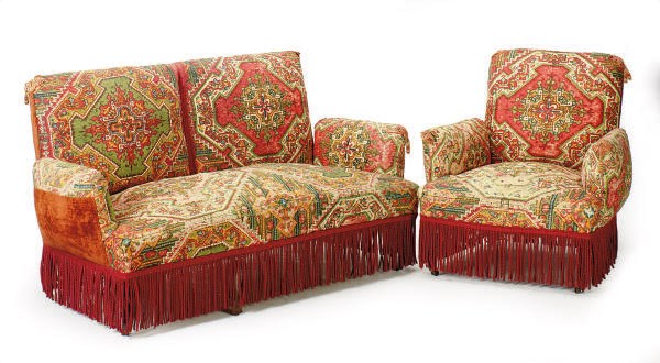 A FRENCH EBONIZED AND UPHOLSTERED SUITE OF FURNITURE,