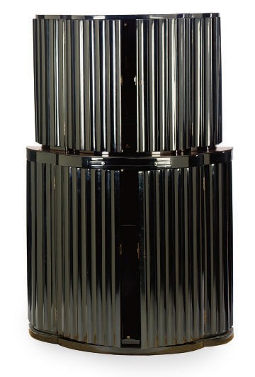 A FRENCH EBONIZED AND GLASS DOUBLE-TIER DEMILUNE BAR CABINET,