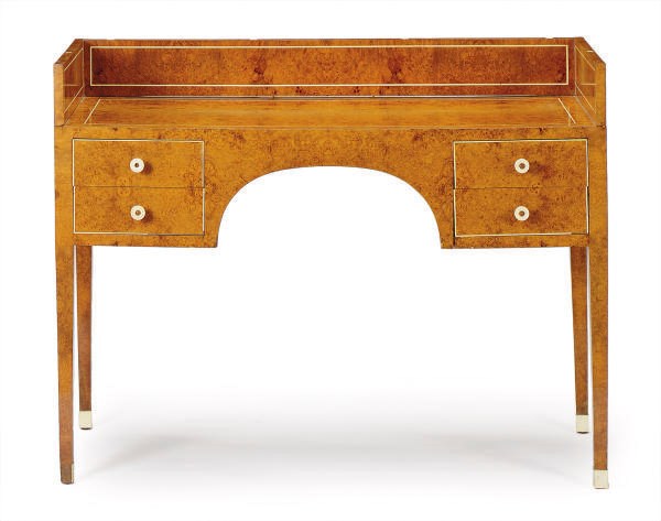 A FRENCH BURR BIRCH AND IVORY INLAID DESK,