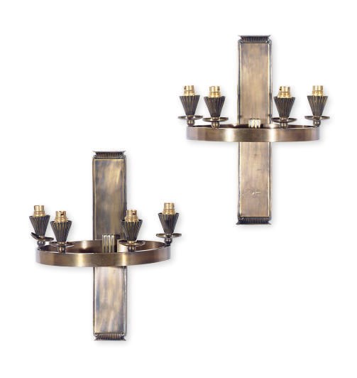 A PAIR OF BRONZED-METAL FOUR-BRANCH WALL-LIGHTS,