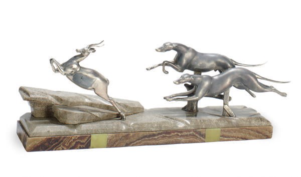 A FRENCH SILVERED-METAL AND MARBLE FIGURAL GROUP,