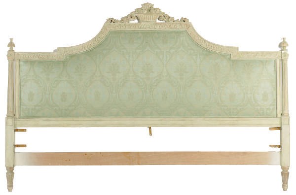 A FRENCH CREAM-PAINTED AND GREEN SILK UPHOLSTERED HEADBOARD,