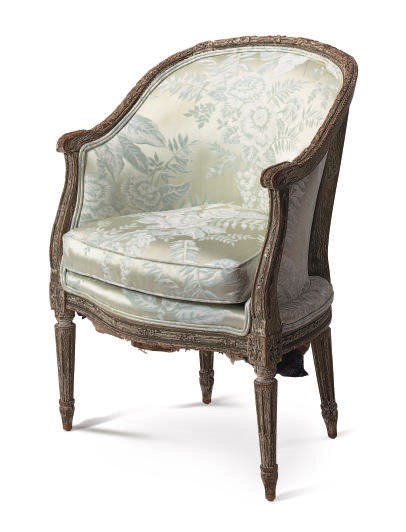 A LOUIS XVI GREY AND GREEN-PAINTED BERGERE,