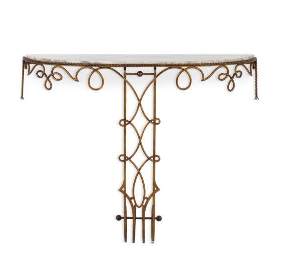 A GILT-IRON AND MARBLE CONSOLE,