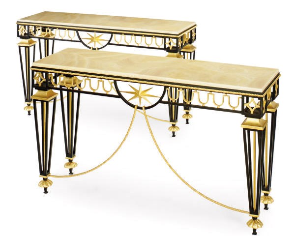 A PAIR OF BLACK AND GILT-IRON MARBLE TOP CONSOLES,