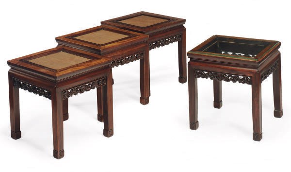 A SET OF FOUR CHINESE HARDWOOD STOOLS,