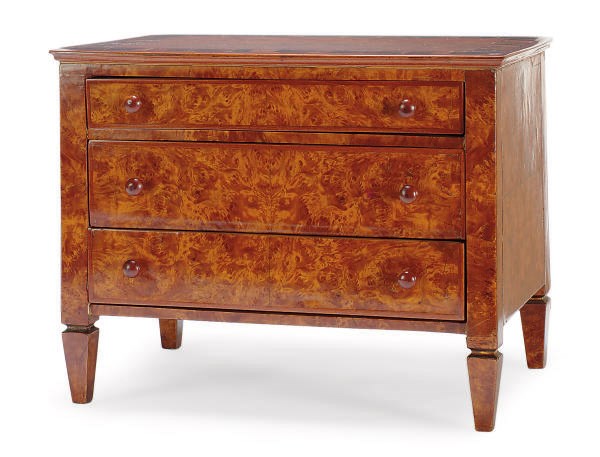 A CONTINENTAL BURR WALNUT MINIATURE COMMODE,