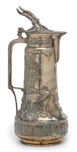 A SILVER-PLATED WINE EWER WITH HINGED COVER,