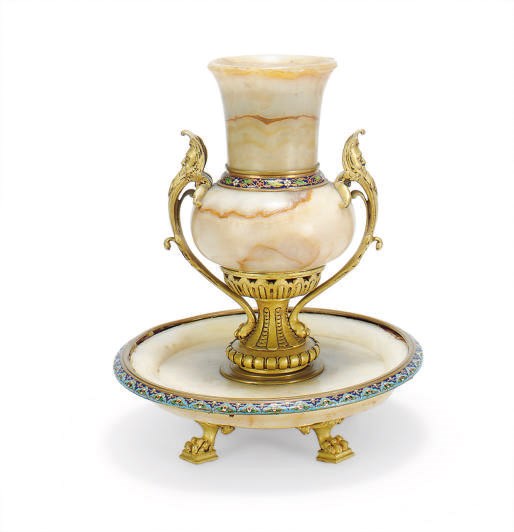 A GILT-BRONZE MOUNTED ALABASTER AND ENAMELED CENTERPIECE,