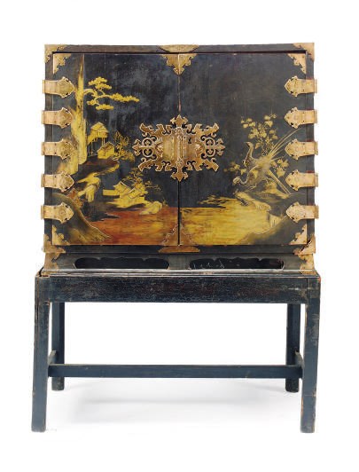 A BLACK LACQUERED AND GILT-DECORATED CABINET-ON-STAND,