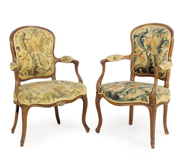A SIMILAR PAIR OF LOUIS XV BEECH AND WALNUT FAUTEUILS,