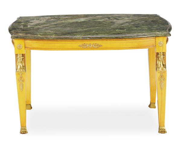A GILT-BRONZE MOUNTED BEECHWOOD AND MARBLE-TOP COFFEE TABLE,