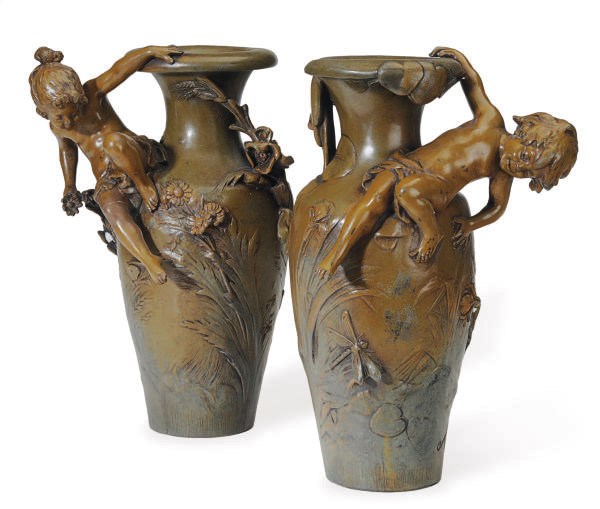 A PAIR OF FRENCH BRONZE FIGURAL VASES,