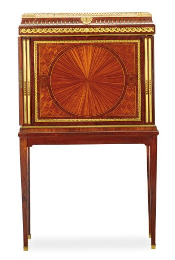 A FRENCH ORMOLU-MOUNTED ACAJOU, KINGWOOD AND SATINE PARQUETRY CARTONNIER ON STAND,