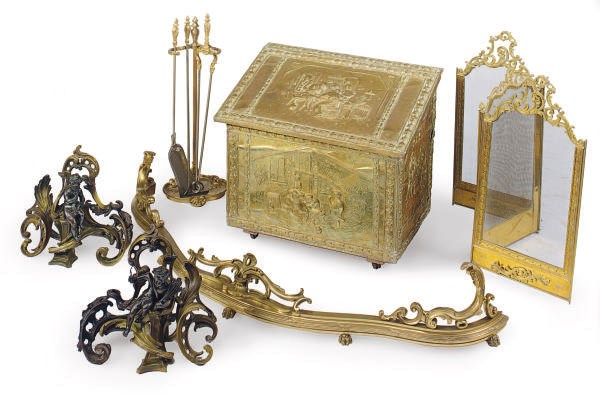 A GROUP OF FRENCH ORMOLU FIREPLACE ACCESSORIES,