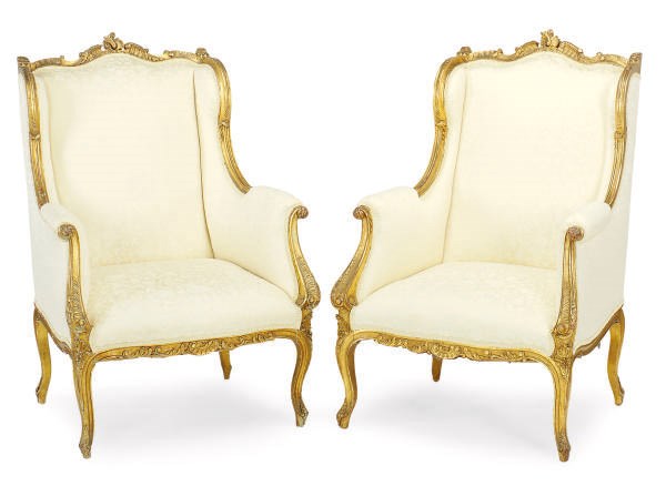 A NEAR PAIR OF FRENCH GILTWOOD BERGERES,