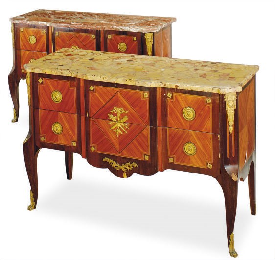 A PAIR OF FRENCH ORMOLU-MOUNTED MAHOGANY, AMARANTH AND PARQUETRY COMMODES,