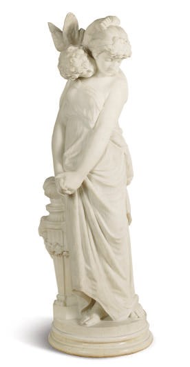 AN ITALIAN WHITE MARBLE FIGURE OF A DRAPED NYMPH WITH PUTTO,