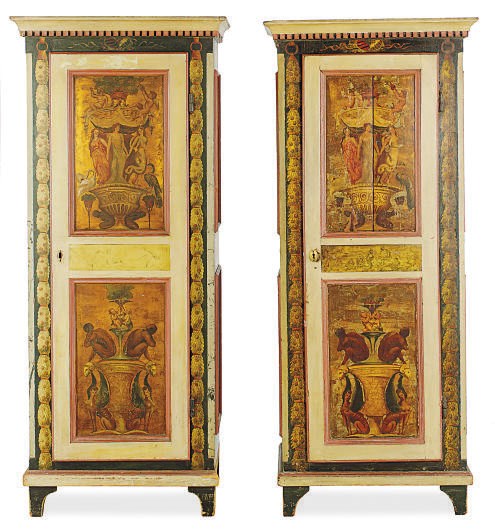 A NEAR PAIR OF EASTERN EUROPEAN POLYCHROME-PAINTED CUPBOARDS,