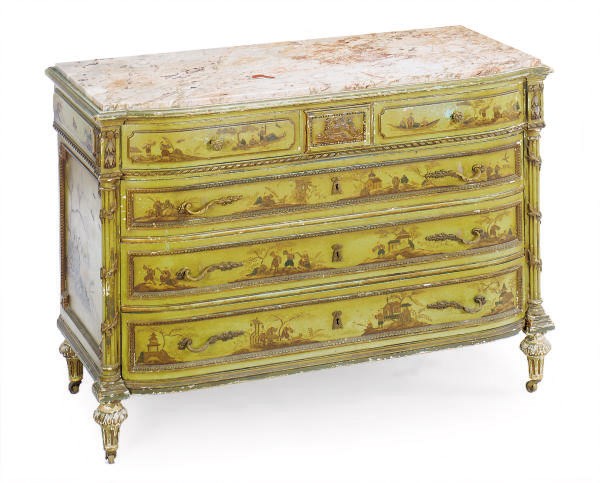 A FRENCH GREEN-PAINTED AND POLYCHROME-DECORATED MARBLE TOP COMMODE,
