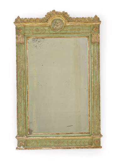 AN ITALIAN GREEN AND GILT-DECORATED MIRROR,