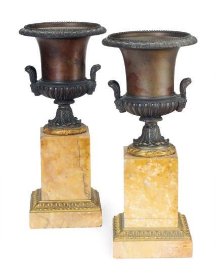 A PAIR OF FRENCH PATINATED-BRONZE AND MARBLE URNS,