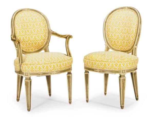 A SET OF SIX GREY AND CREAM-PAINTED DINING CHAIRS,