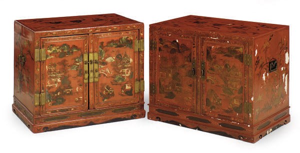 A PAIR OF CHINESE SCARLET LACQUERED TWO-DOOR LOW CABINETS,