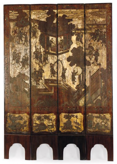 A CHINESE COROMANDEL BROWN LACQUER FOUR-PANEL SCREEN,