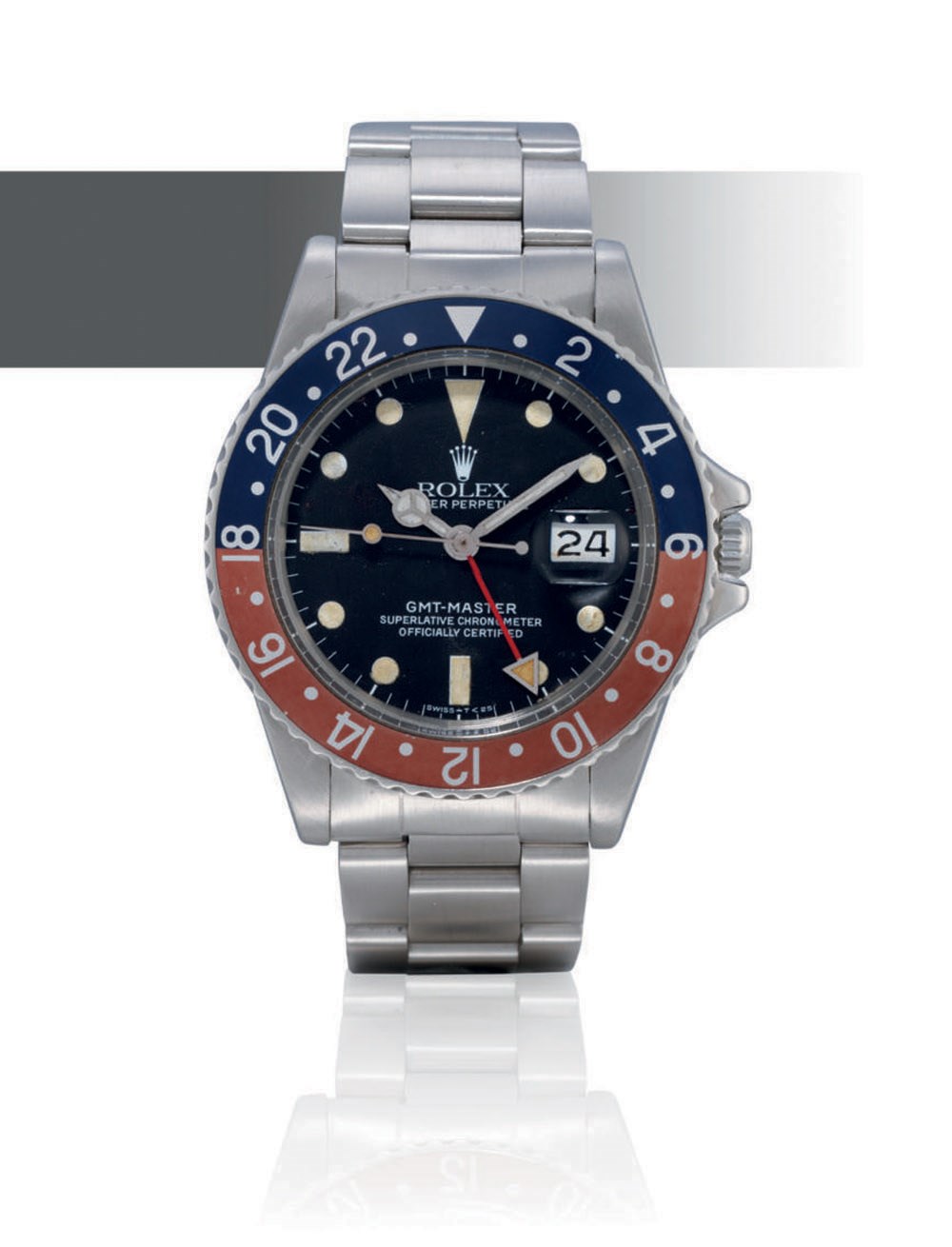 ROLEX, GMT-MASTER, REF. 16750

STAINLESS STEEL AUTOMATIC DUAL TIME BRACELET WATCH WITH DATE DISPLAY
