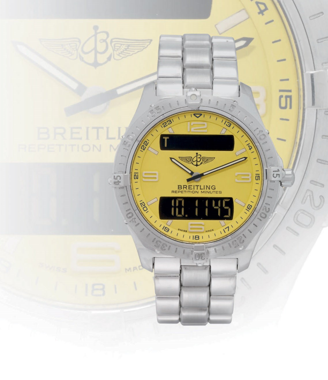 BREITLING, REPETITION MINUTES

WHITE GOLD QUARTZ CHRONOGRAPH BRACELET WATCH WITH DIGITAL TIMER, ALARM AND TWO TIME ZONE DISPLAY