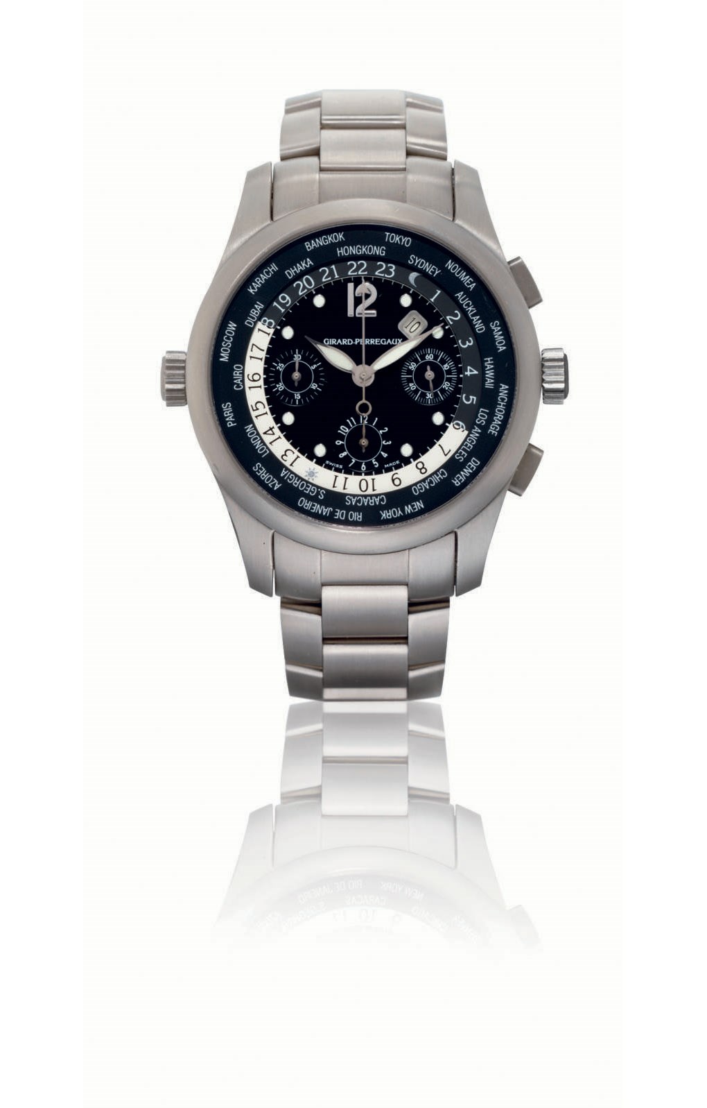 GIRARD-PERREGAUX, WW.TC

TITANIUM AUTOMATIC WORLD TIME CHRONOGRAPH BRACELET WATCH WITH DATE DISPLAY