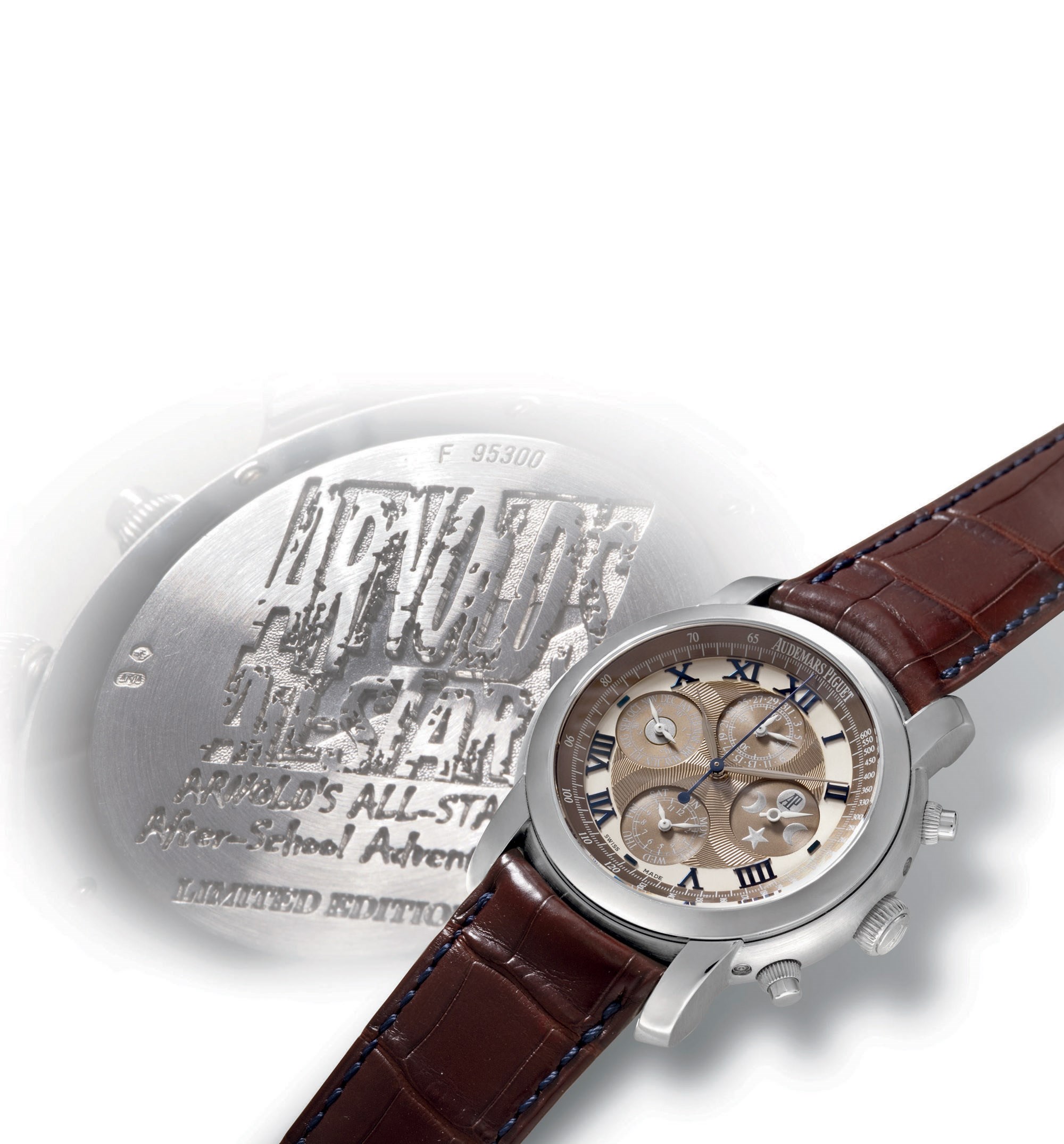 AUDEMARS PIGUET, JULES AUDEMARS ARNOLD'S ALL STARS AFTER-SCHOOL ADVENTURES

WHITE GOLD AUTOMATIC PERPETUAL CALENDAR CHRONOGRAPH WRISTWATCH WITH MOON PHASES AND DATE DISPLAY, LIMITED EDITION OF 100