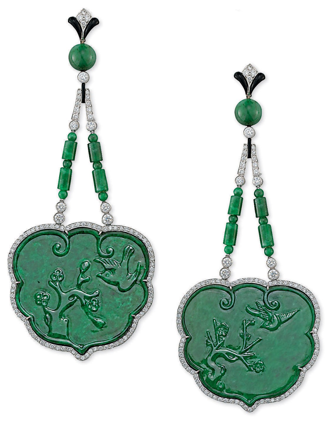 A PAIR OF JADE DIAMOND AND ONYX EAR PENDANTS, BY FRED LEIGHTON