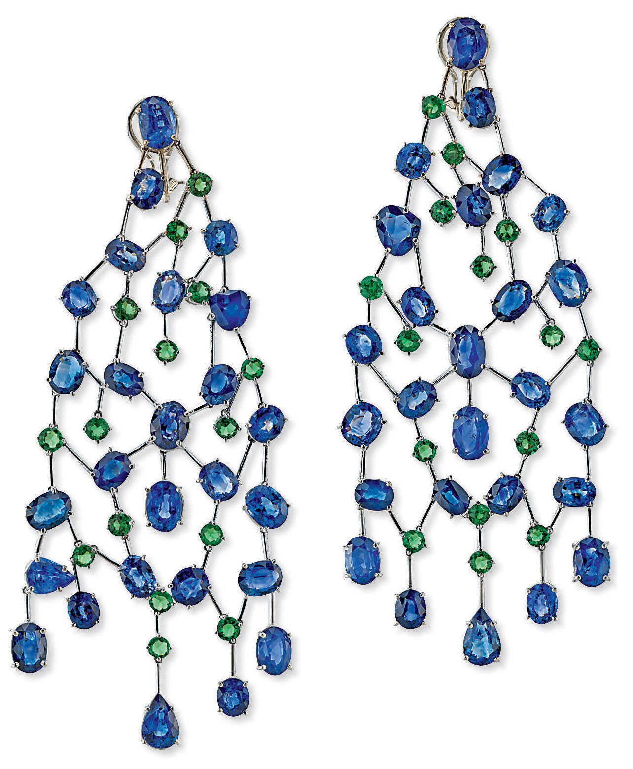A PAIR OF SAPPHIRE AND GREEN GARNET EAR PENDANTS