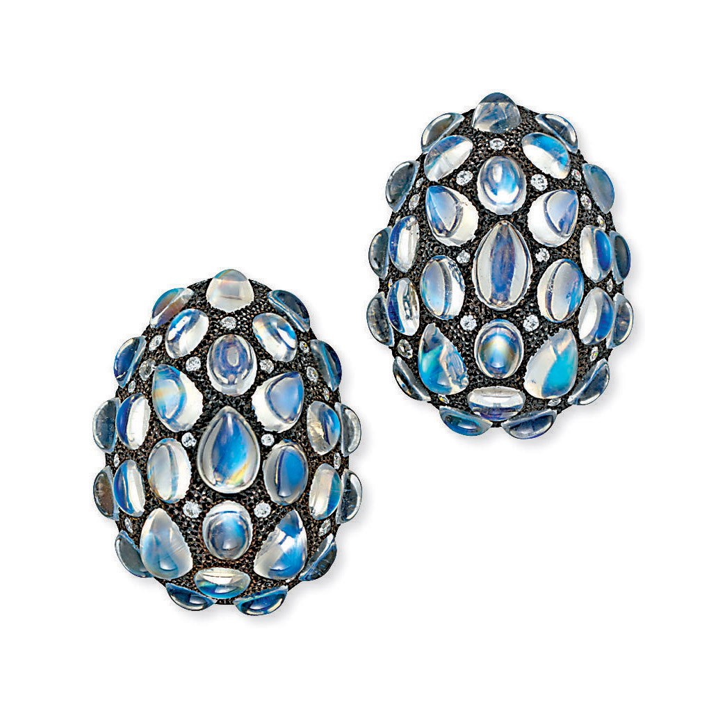 A PAIR OF MOONSTONE AND DIAMOND EAR CLIPS, BY FRED LEIGHTON