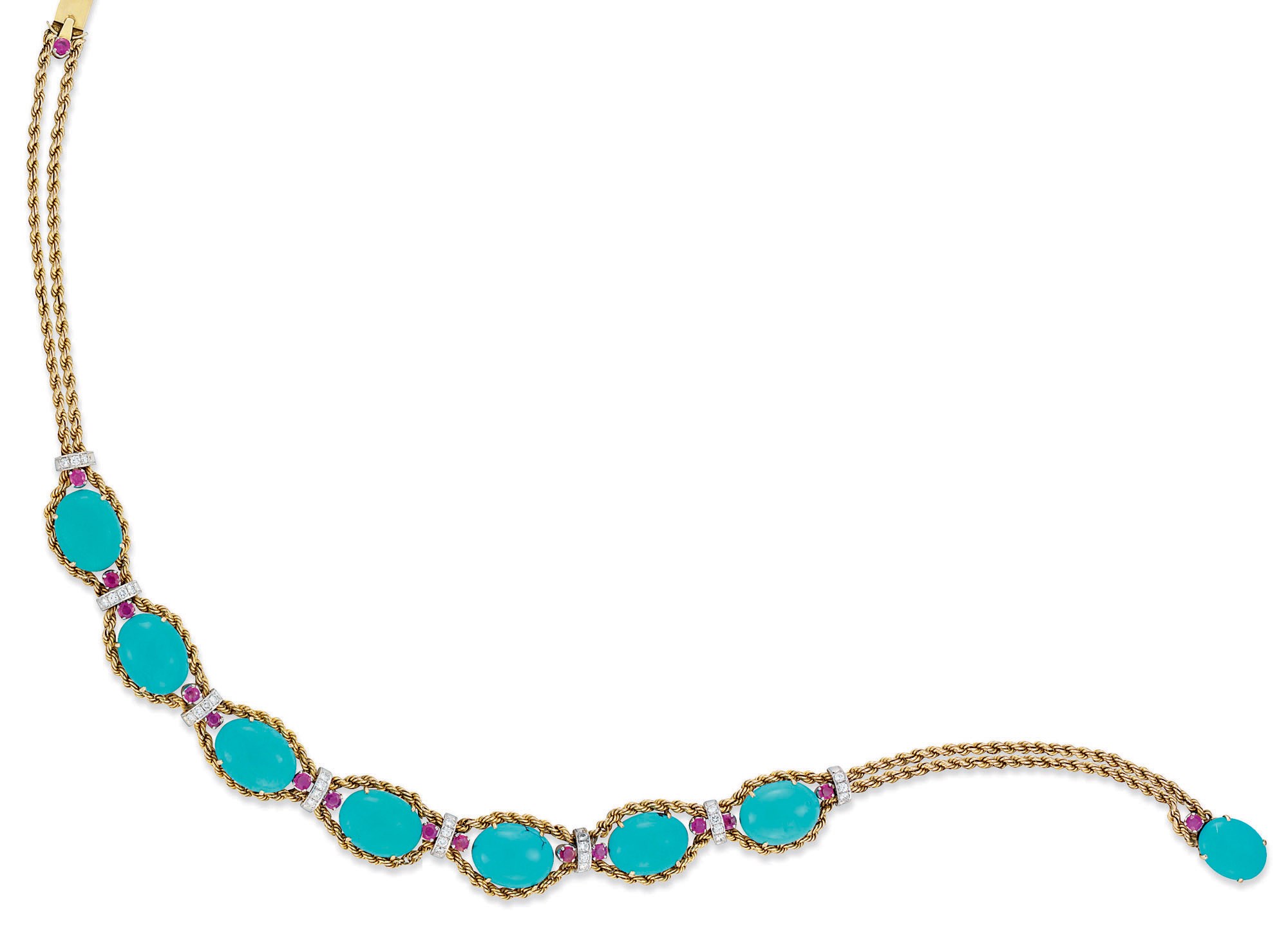 A TURQUOISE DIAMOND AND RUBY NECKLACE, BY TRIO PEARLS
