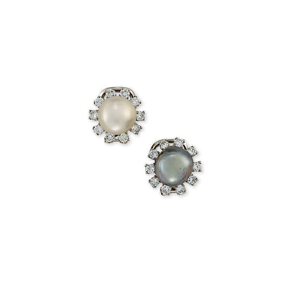 A PAIR OF PEARL AND DIAMOND EAR CLIPS